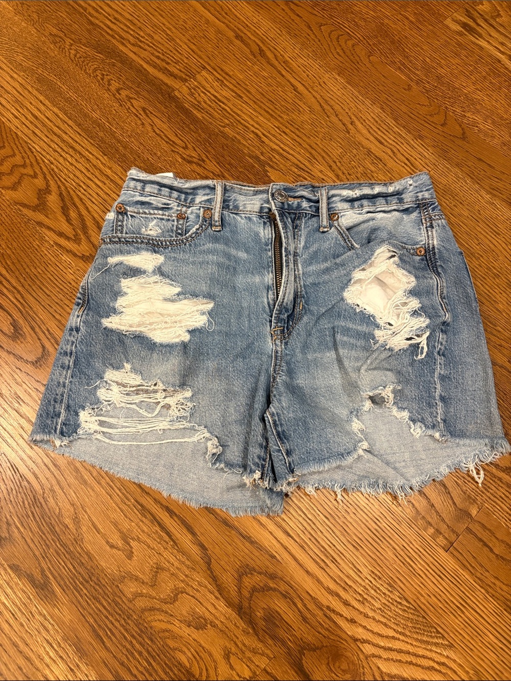 High-Rise Distressed Denim Shorts in Light Blue